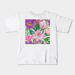 Waterlily, Monstera leaves watercolor tropical illustration. Exotic summer floral print. Colorful summer jungle Kids T-Shirt